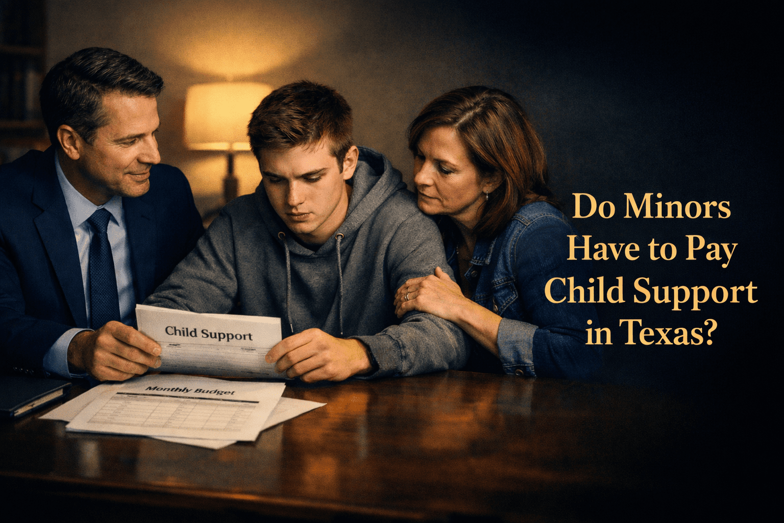 A teenage boy sits between two adults, holding a child support document and a budget sheet, with the question “Do minors have to pay child support in Texas?” displayed on the right.