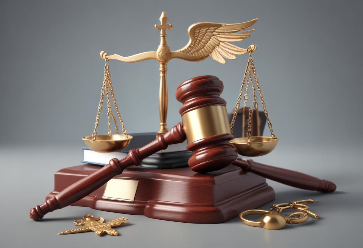 Gavel resting on a sound block with the scales of justice and a book behind it