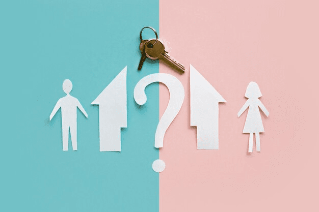 A couple of people with arrows and a key on a blue and pink background, discussing how separate property becomes marital property.