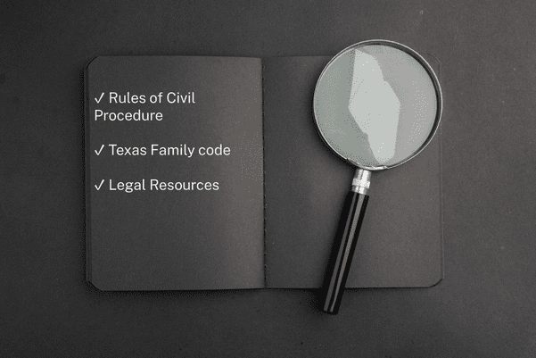 A magnifying glass with the words rules of civil procedure texas family resources.